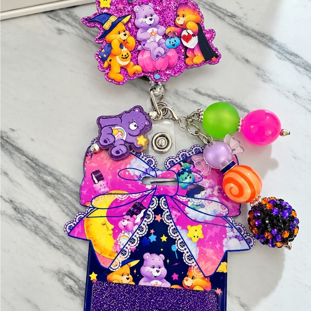 Care Bears Purple Badge Reel with Colorful Bead Charms, alligator clip!